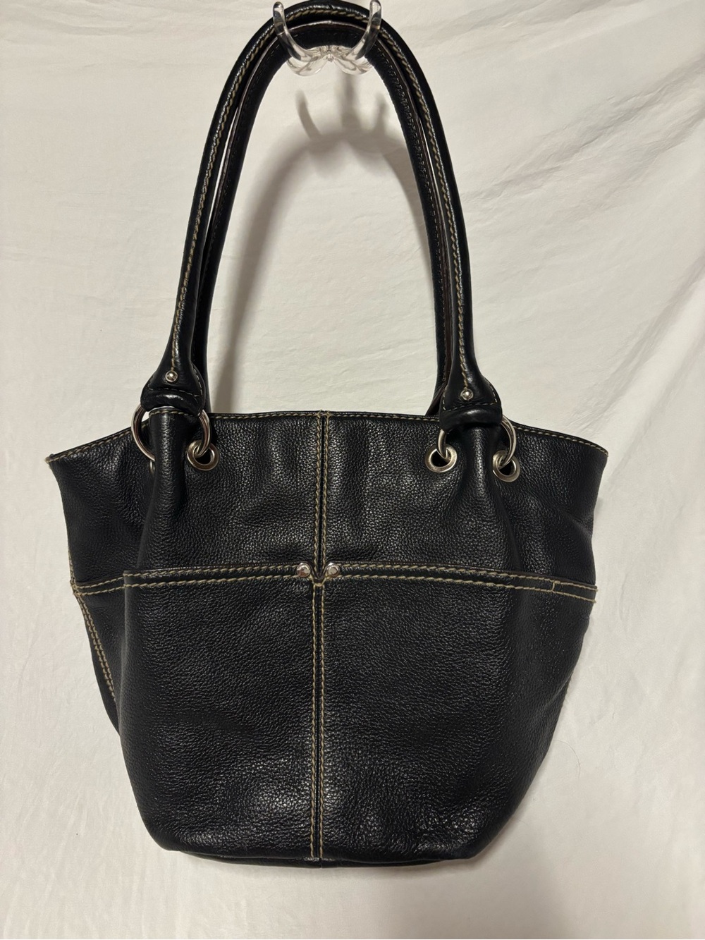 Classic Tignanello Black Leather Tote Bucket Bag with Contrast Stitching